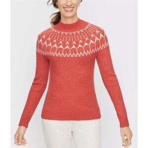 Talbots Sweater Womens Orange Fair Isle Pullover Mock Neck Size Medium